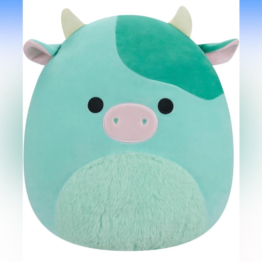 Squishmallow RARE Seamus Cow 14” green fuzzy belly
